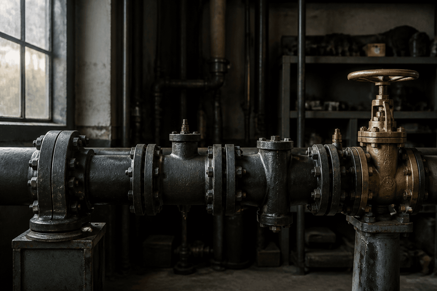 A dark steel industrial pipeline with bolted inspection points and a brass handwheel valve