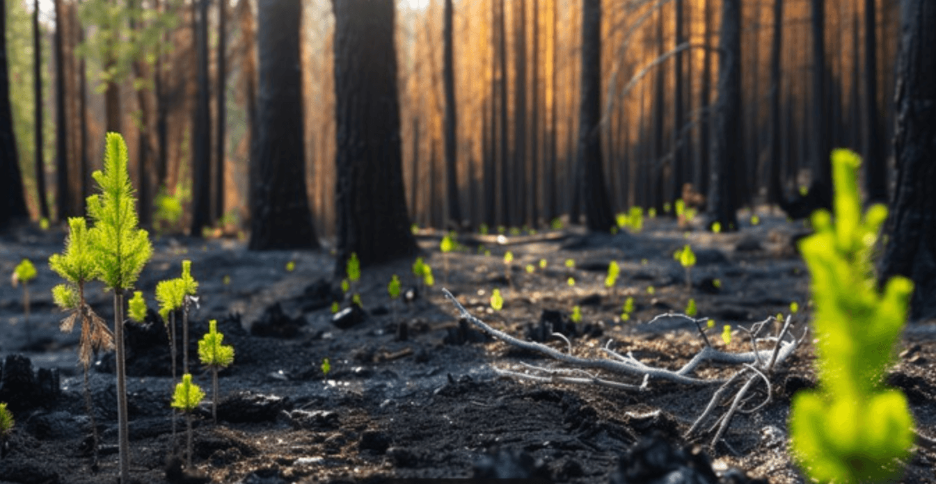 Bright green pine seedlings emerging from the dark floor of a recently burned forest